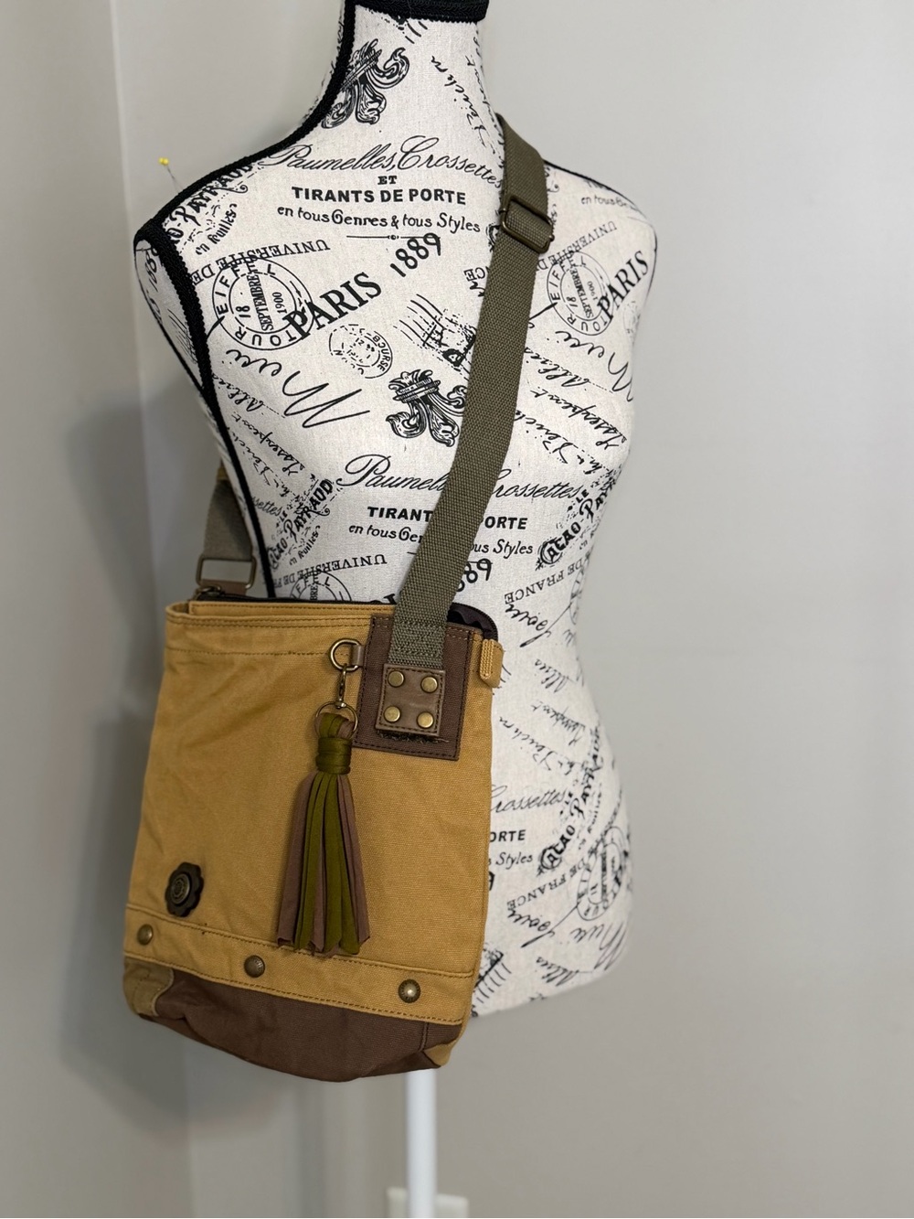 Chala Mustard Canvas Crossbody with Olive Strap and Brown Trim